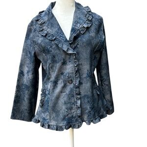 Denim Jacket Ruffled Collar Japanese Floral Design Small